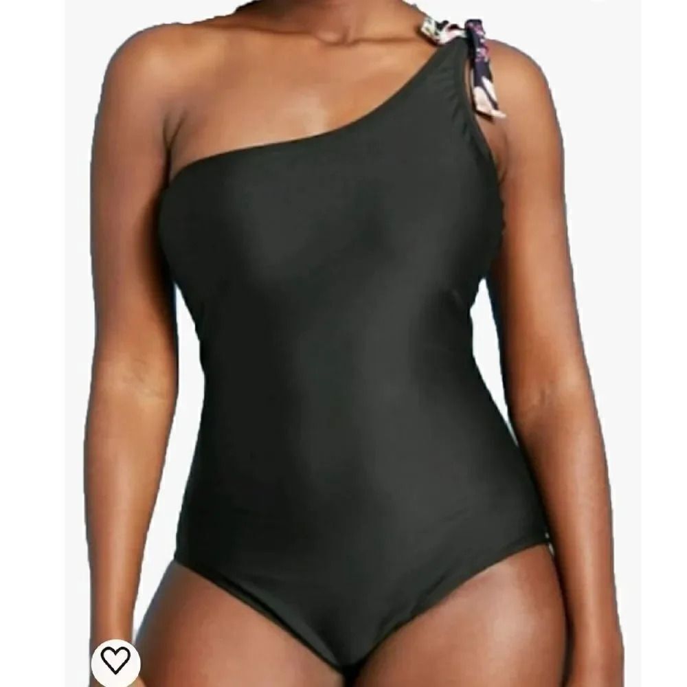 Kona Sol Black One Shoulder Floral Tie One Piece‎ Swimsuit Large